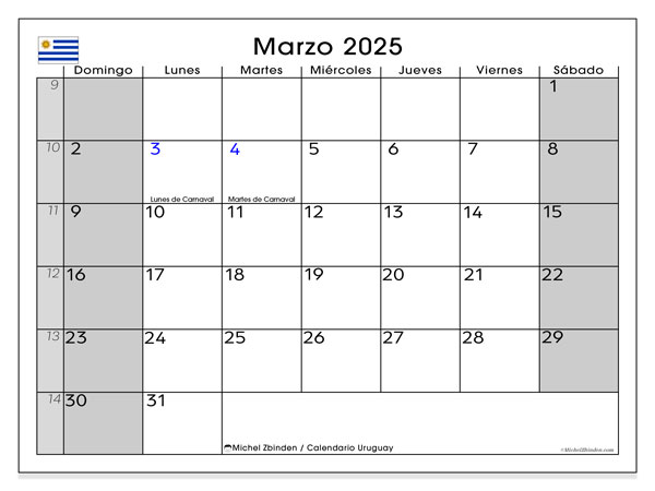 Kalender mars 2025, Uruguay (ES). Gratis karta som kan skrivas ut.