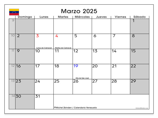 Kalender März 2025, Venezuela (ES). Programm zum Ausdrucken kostenlos.