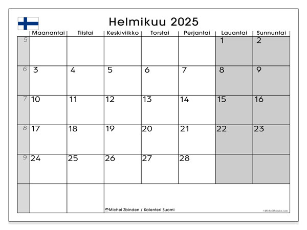 Kalender Februar 2025, Finnland (FI). Kalender zum Ausdrucken kostenlos.