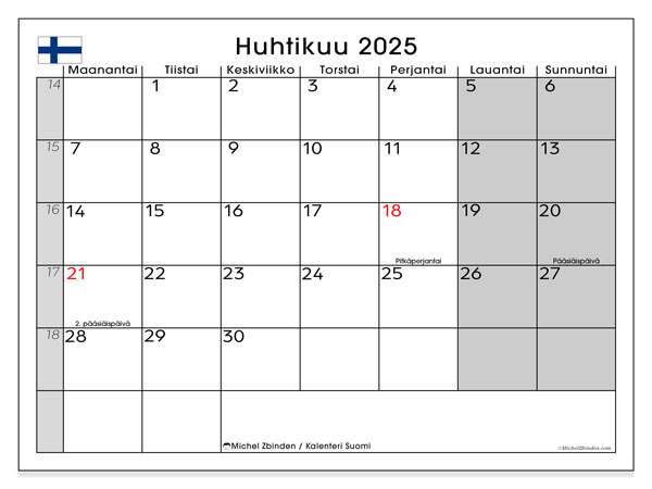 Kalenteri huhtikuu 2025 “Suomi”. Ilmainen tulostettava lehti.. Maanantaista sunnuntaihin
