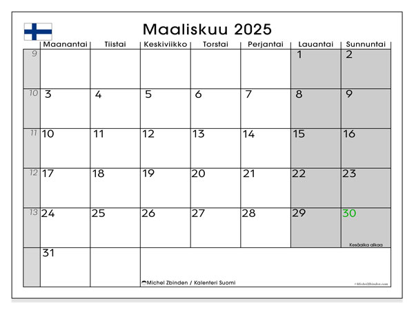 Kalender mars 2025, Finland (FI). Gratis karta som kan skrivas ut.