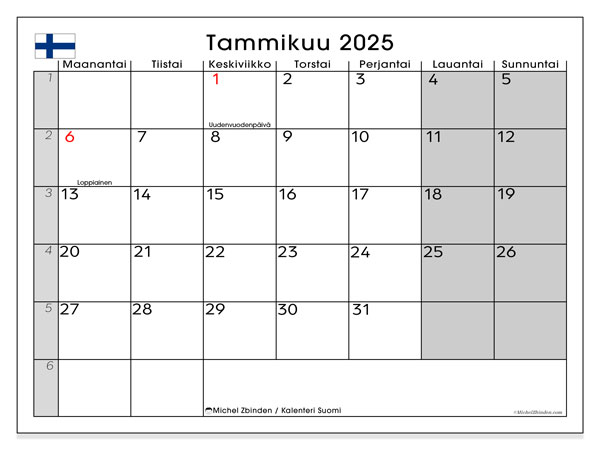 Kalenteri tammikuu 2025 “Suomi”. Ilmainen tulostettava kalenteri.. Maanantaista sunnuntaihin