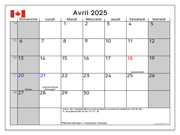 Calendario aprile 2025, Canada (FR). Piano da stampare gratuito.