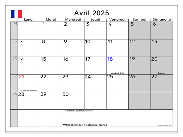 Calendario aprile 2025, Francia (FR). Piano da stampare gratuito.