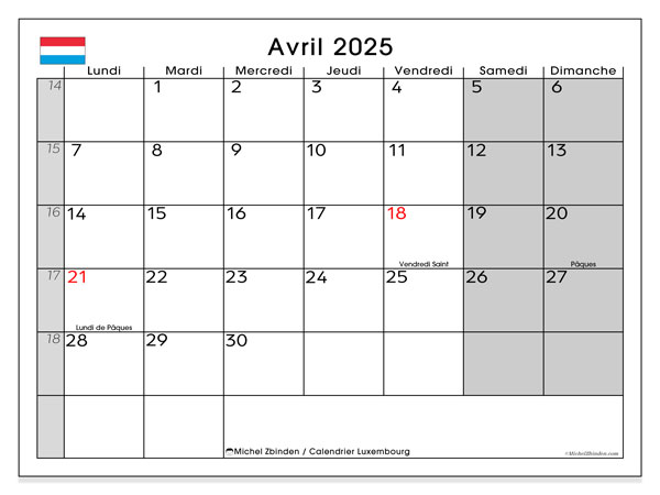 Calendario aprile 2025, Lussemburgo (FR). Piano da stampare gratuito.