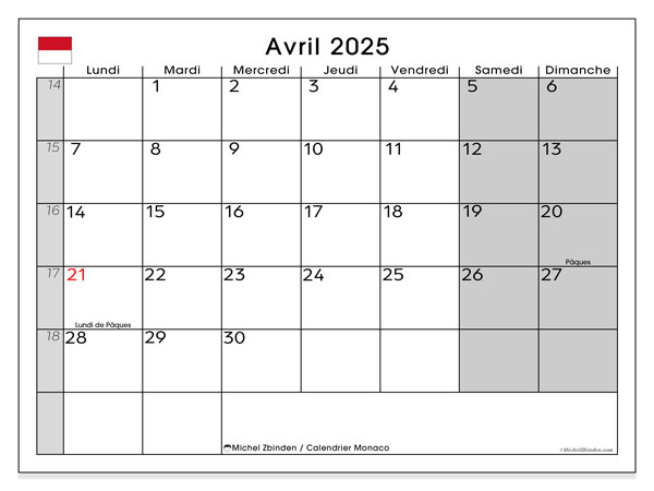 Calendario aprile 2025, Monaco (FR). Piano da stampare gratuito.
