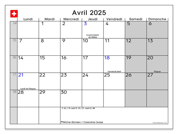 Calendario aprile 2025, Svizzera (FR). Piano da stampare gratuito.