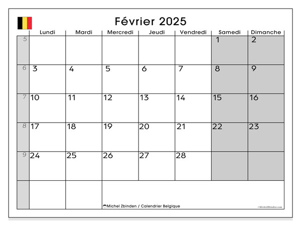 Kalender Februar 2025, Belgien (FR). Kalender zum Ausdrucken kostenlos.