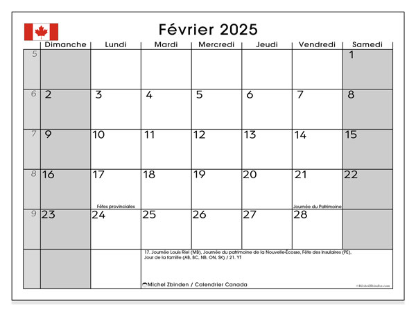 Calendario febbraio 2025, Canada (FR). Programma da stampare gratuito.