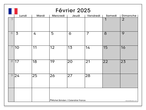 Calendario febbraio 2025, Francia (FR). Programma da stampare gratuito.