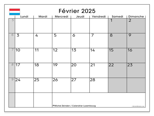 Calendario febbraio 2025, Lussemburgo (FR). Programma da stampare gratuito.