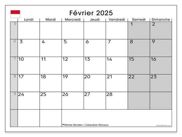 Calendario febbraio 2025, Monaco (FR). Programma da stampare gratuito.