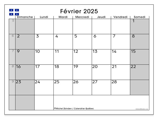 Calendario febbraio 2025, Québec (FR). Programma da stampare gratuito.