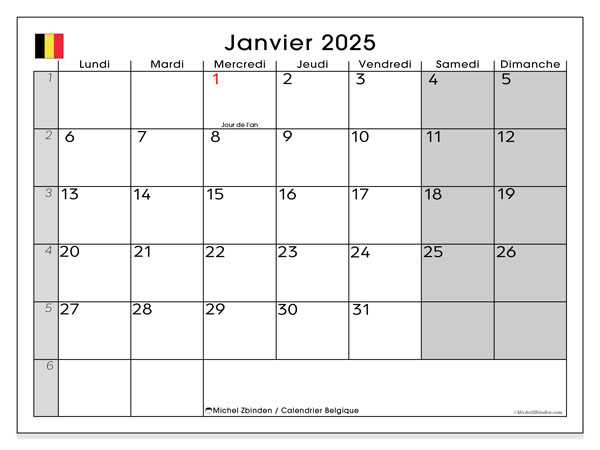 Calendario gennaio 2025, Belgio (FR). Calendario da stampare gratuito.