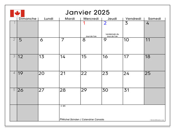 Kalender Januar 2025, Kanada (FR). Programm zum Ausdrucken kostenlos.