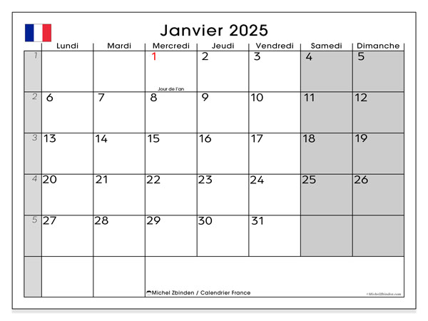 Kalender Januar 2025, Frankreich (FR). Programm zum Ausdrucken kostenlos.