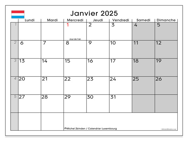 Calendario gennaio 2025, Lussemburgo (FR). Calendario da stampare gratuito.