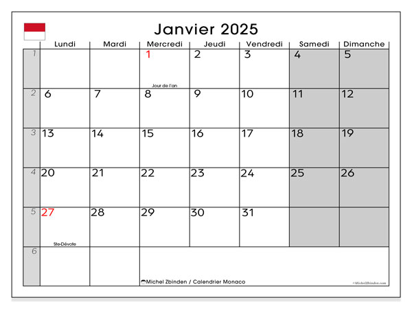 Kalender Januar 2025, Monaco (FR). Programm zum Ausdrucken kostenlos.