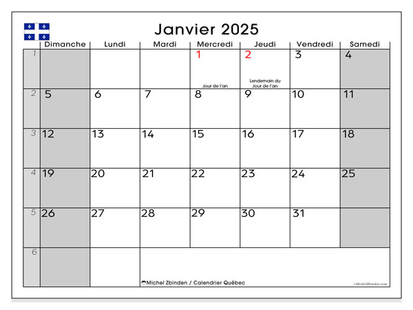 Calendario gennaio 2025, Québec (FR). Calendario da stampare gratuito.