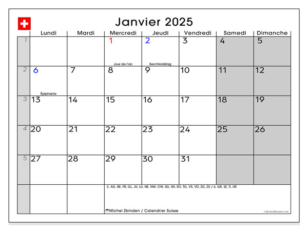 Calendario gennaio 2025, Svizzera (FR). Calendario da stampare gratuito.