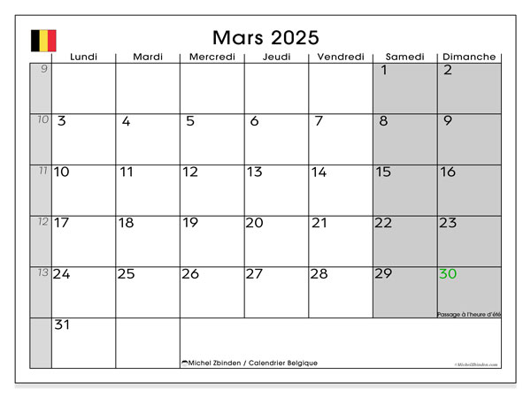 Kalender mars 2025, Belgien (FR). Gratis karta som kan skrivas ut.