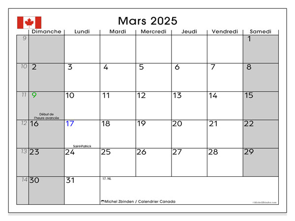 Kalender mars 2025, Kanada (FR). Gratis karta som kan skrivas ut.