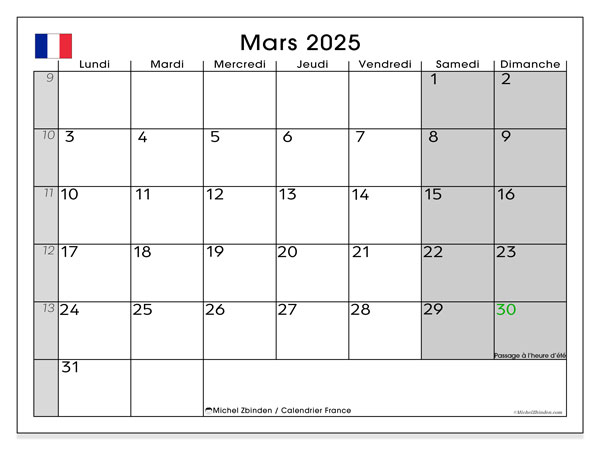 Kalender mars 2025, Frankrike (FR). Gratis karta som kan skrivas ut.