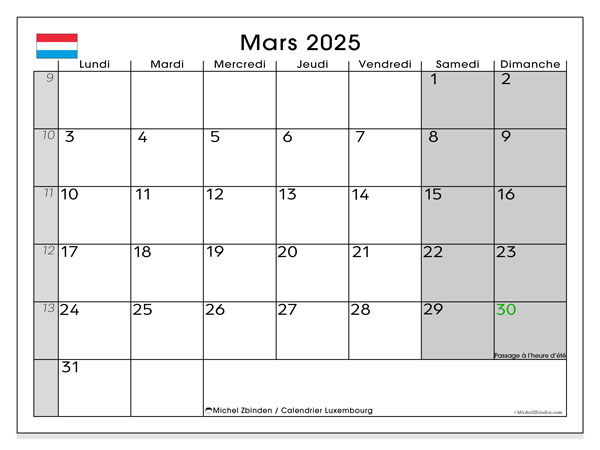 Kalender mars 2025, Luxemburg (FR). Gratis karta som kan skrivas ut.