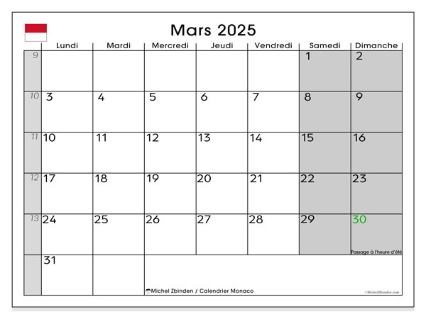 Kalender mars 2025, Monaco (FR). Gratis karta som kan skrivas ut.