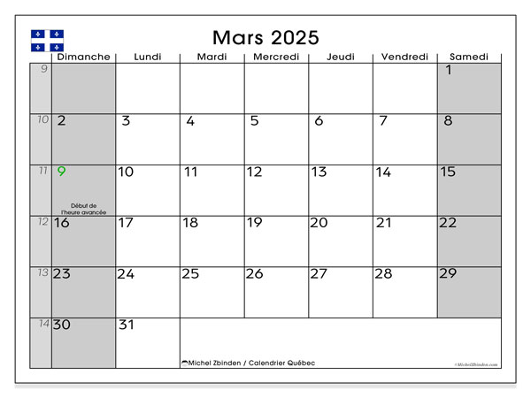 Kalender mars 2025, Quebec (FR). Gratis karta som kan skrivas ut.