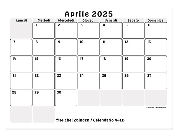 Calendario aprile 2025 “44”. Piano da stampare gratuito.. Da lunedì a domenica
