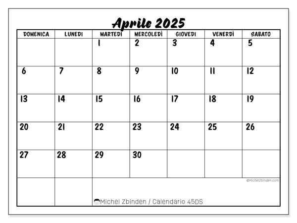 Calendario aprile 2025 “45”. Calendario da stampare gratuito.. Da domenica a sabato