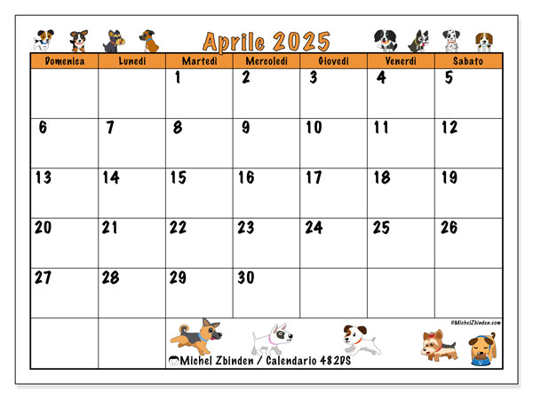 Calendario aprile 2025 “482”. Piano da stampare gratuito.. Da domenica a sabato