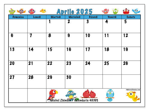 Calendario aprile 2025 “483”. Piano da stampare gratuito.. Da domenica a sabato