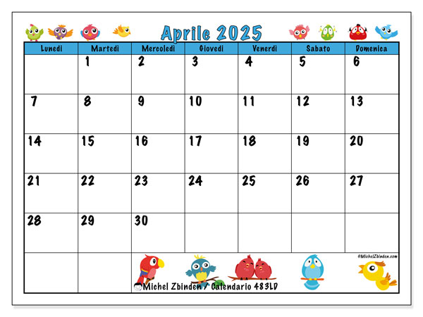 Calendario aprile 2025 “483”. Piano da stampare gratuito.. Da lunedì a domenica