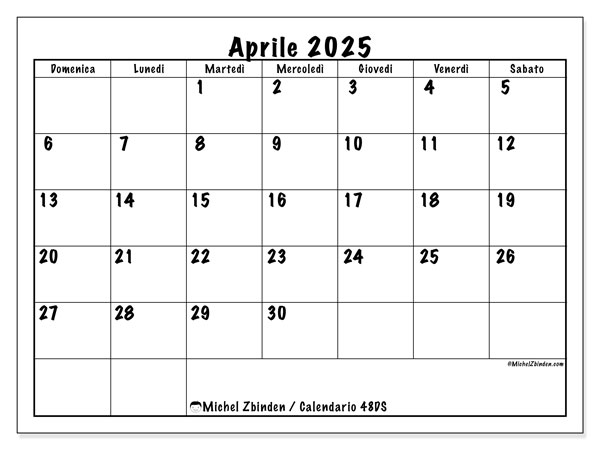Calendario aprile 2025 “48”. Piano da stampare gratuito.. Da domenica a sabato
