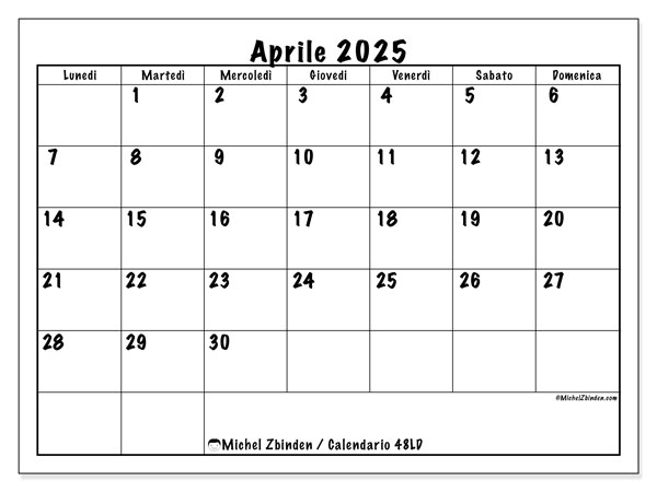 Calendario aprile 2025 “48”. Piano da stampare gratuito.. Da lunedì a domenica
