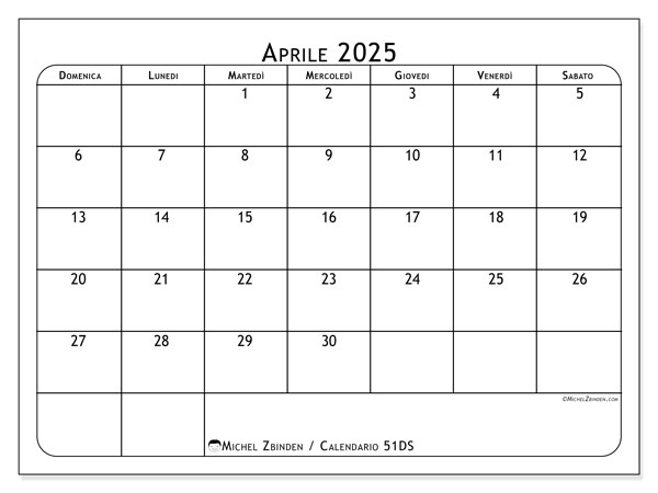 Calendario aprile 2025 “51”. Piano da stampare gratuito.. Da domenica a sabato