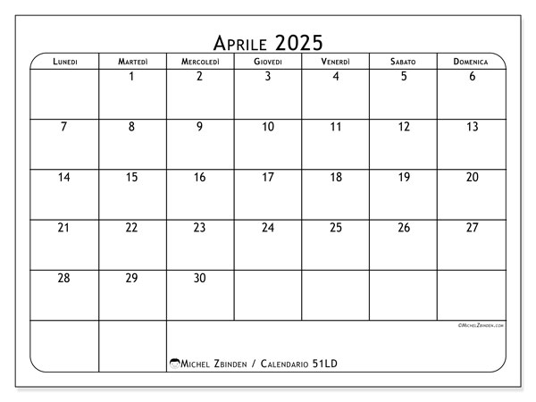 Calendario aprile 2025 “51”. Piano da stampare gratuito.. Da lunedì a domenica
