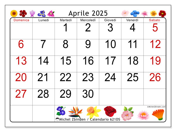 Calendario aprile 2025 “621”. Orario da stampare gratuito.. Da domenica a sabato