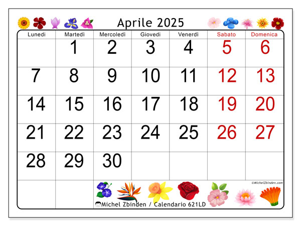 Calendario aprile 2025 “621”. Orario da stampare gratuito.. Da lunedì a domenica