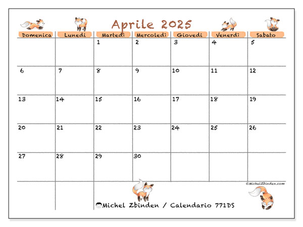 Calendario aprile 2025, 771DS. Orario da stampare gratuito.