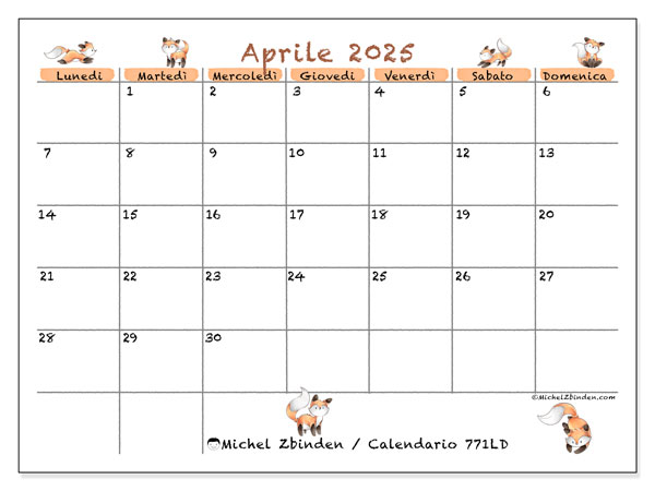 Calendario aprile 2025 “771”. Programma da stampare gratuito.. Da lunedì a domenica