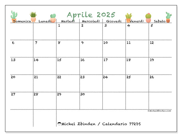 Calendario aprile 2025 “772”. Orario da stampare gratuito.. Da domenica a sabato