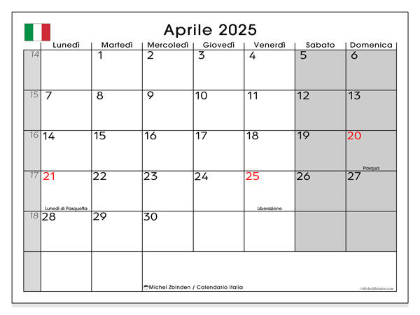 Calendario da stampare, aprile 2025, Italia