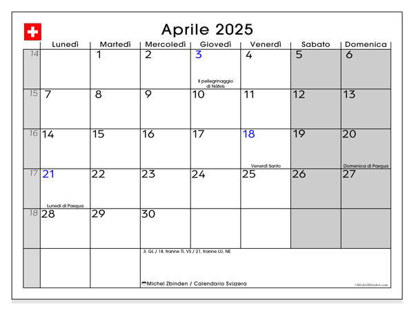 Calendario aprile 2025 “Svizzera”. Calendario da stampare gratuito.. Da lunedì a domenica