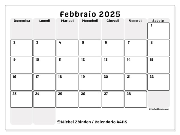 Calendario febbraio 2025 “44”. Orario da stampare gratuito.. Da domenica a sabato
