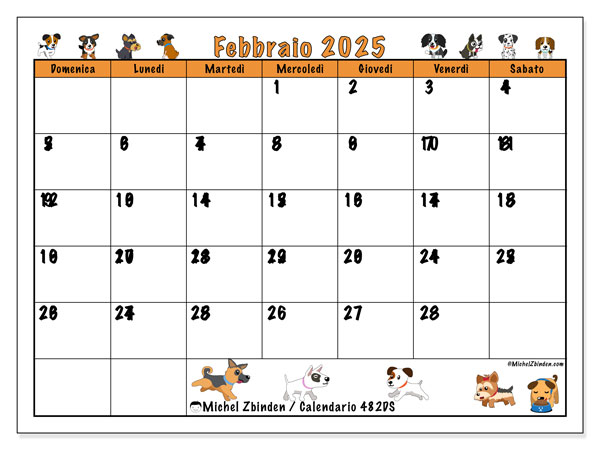 Calendario febbraio 2025 “482”. Calendario da stampare gratuito.. Da domenica a sabato
