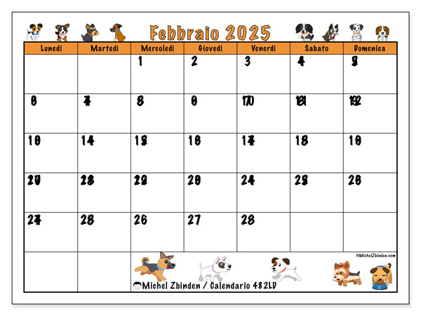 Calendario febbraio 2025 “482”. Calendario da stampare gratuito.. Da lunedì a domenica