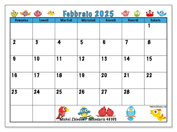 Calendario febbraio 2025 “483”. Orario da stampare gratuito.. Da domenica a sabato